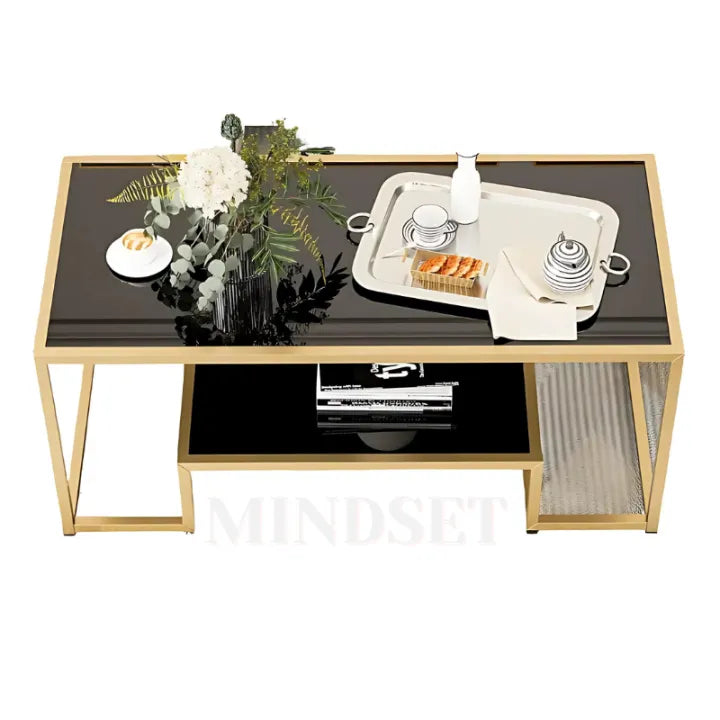 "Mindset Arc" Modern 2-Tier Coffee Table with Golden Metal Frame & Marble Wood Top – Living Room & Guest Room Furniture