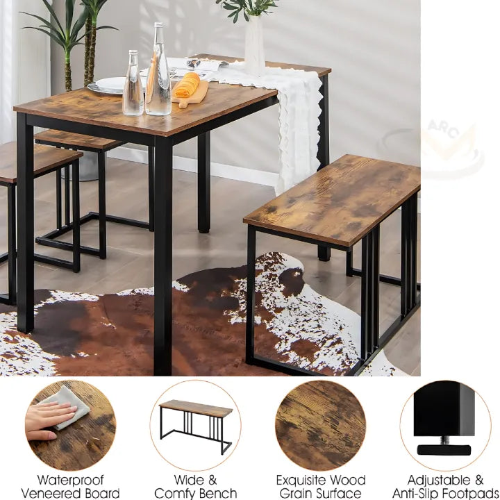 4 Piece Kitchen Dinging Table Set, Wooden Table with 2 Stools and Bench, Dining Set, Kitchen Table Set with Iron Frame, Space-Saving Table Set