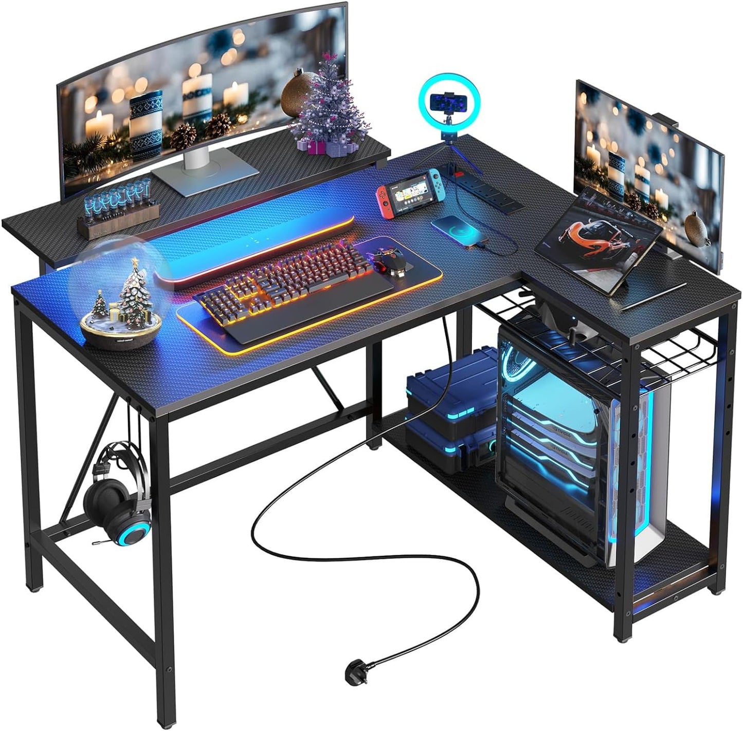 Compact Gaming Desk with Monitor Stand and Reversible Shelves | Modern LED Computer Desk with Storage Rack & Headphone Hook | Ideal for Workstation or Holiday Setup