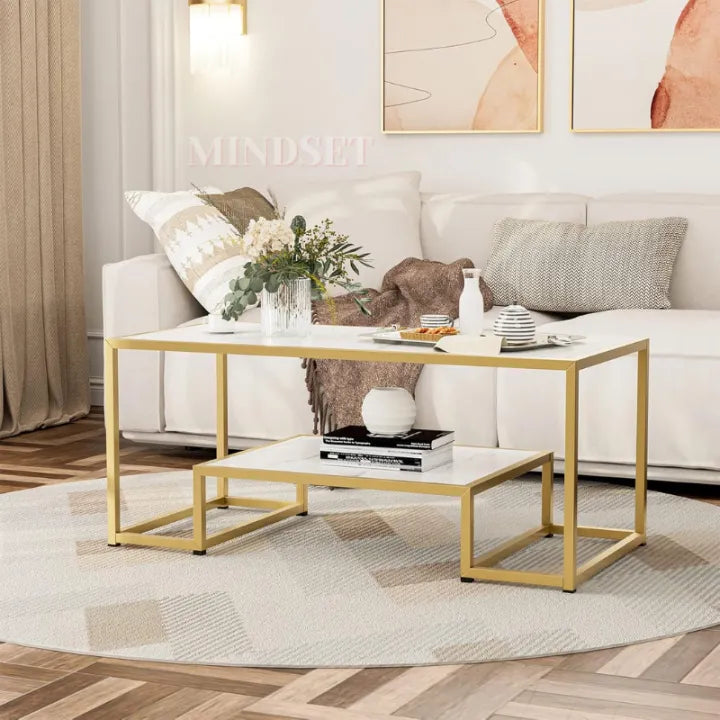 "Mindset Arc" Modern 2-Tier Coffee Table with Golden Metal Frame & Marble Wood Top – Living Room & Guest Room Furniture