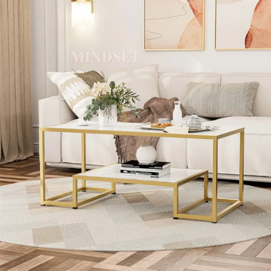 "Mindset Arc" Modern 2-Tier Coffee Table with Golden Metal Frame & Marble Wood Top – Living Room & Guest Room Furniture