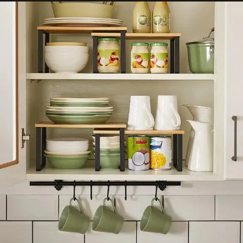 Kitchen Cabinet Shelf Rack 2 Tier Wooden Organizer, Stackable, Expandable, Black/Natural Brown |Kitchen Accessories |Kitchen Cabinets Shelf Rack