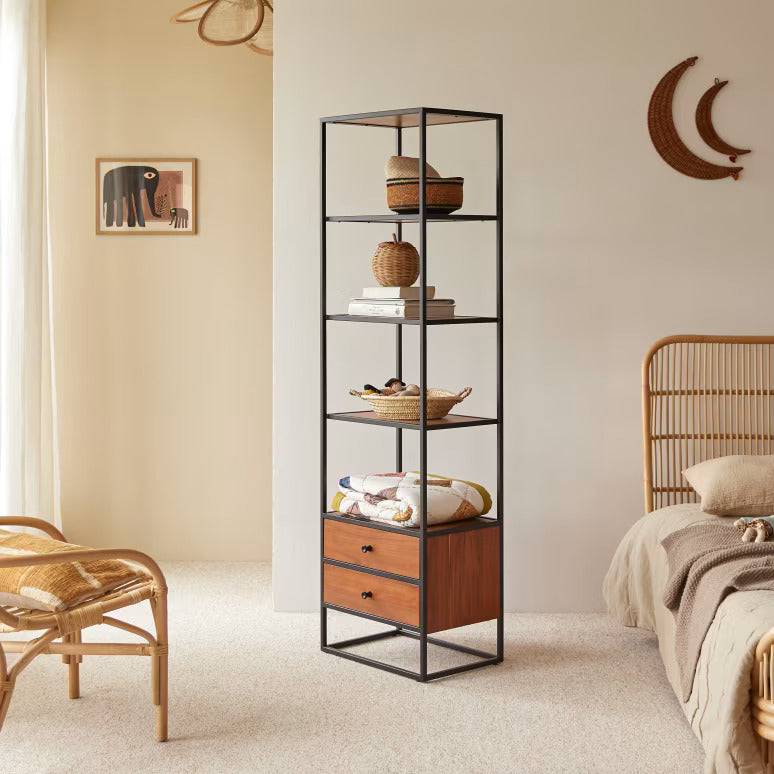 4-Tier Kids' Metal Shelving Unit with 2 Drawers -Metal Bookshelf Unit - Stylish Storage Solutions for Playrooms and Bedrooms