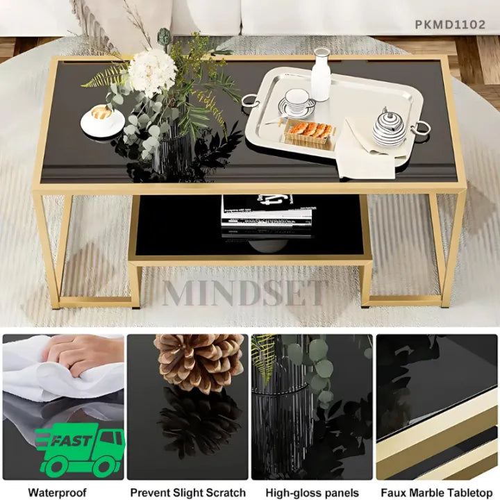 "Mindset Arc" Modern 2-Tier Coffee Table with Golden Metal Frame & Marble Wood Top – Living Room & Guest Room Furniture