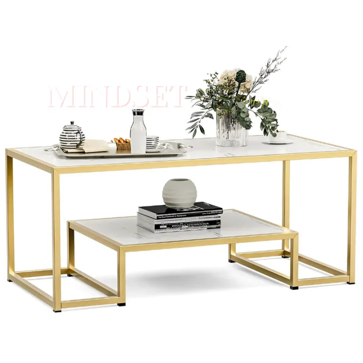 "Mindset Arc" Modern 2-Tier Coffee Table with Golden Metal Frame & Marble Wood Top – Living Room & Guest Room Furniture