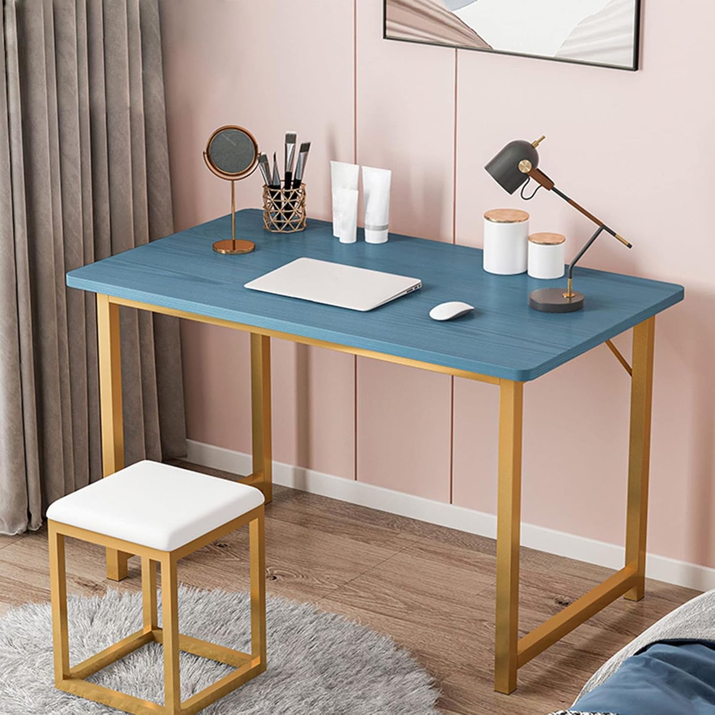 Modern Wooden Computer Desk with Gold Legs – Large Home Office Study Desk, Writing Table, Makeup Vanity, and Console Table
