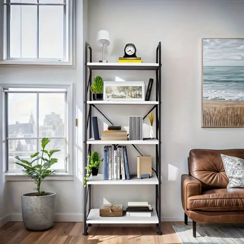 5 tier wooden Bookshelf | Open shelf | Industrial Storage Rack for organizing books, family photos, potted plants, Modern Display Rack Standing Book Shelves for Bedroom, for Living Room, Kitchen