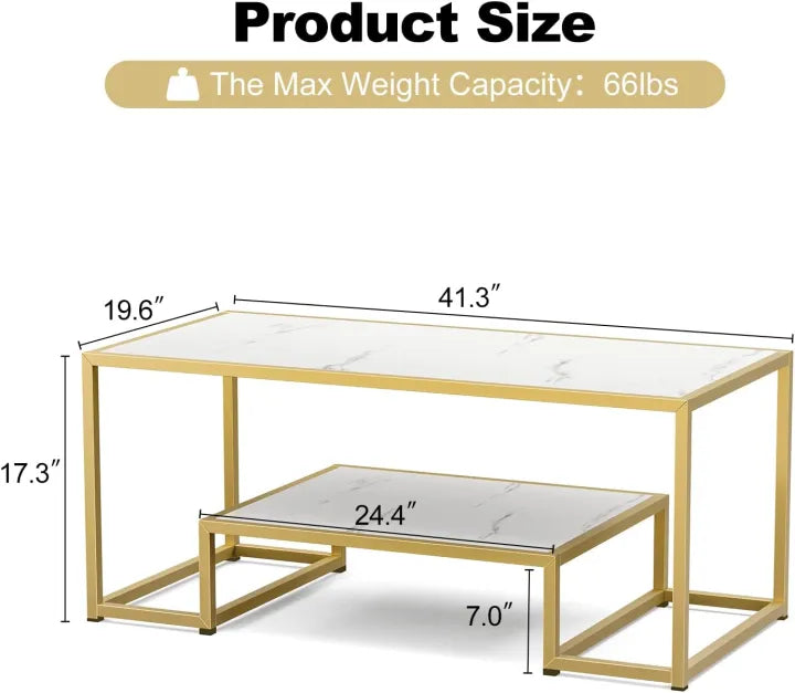 "Mindset Arc" Modern 2-Tier Coffee Table with Golden Metal Frame & Marble Wood Top – Living Room & Guest Room Furniture