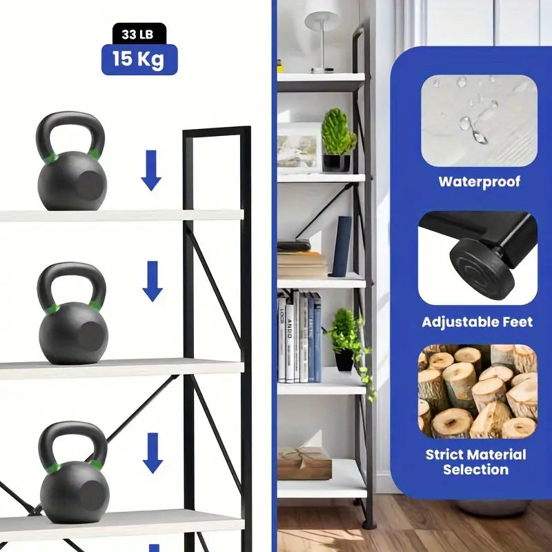 5 tier wooden Bookshelf | Open shelf | Industrial Storage Rack for organizing books, family photos, potted plants, Modern Display Rack Standing Book Shelves for Bedroom, for Living Room, Kitchen