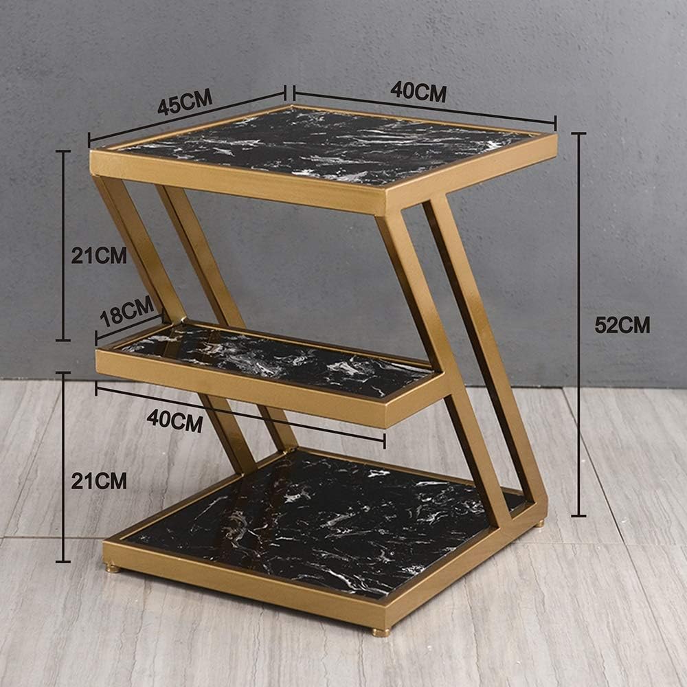 Modern Z-Shaped Gold Side Table with UV Printed MDF Wood Shelves | Stylish Accent Table for Living Room or Bedroom|  side table for living room, coffee table, snack table, bedside table, storage shelf