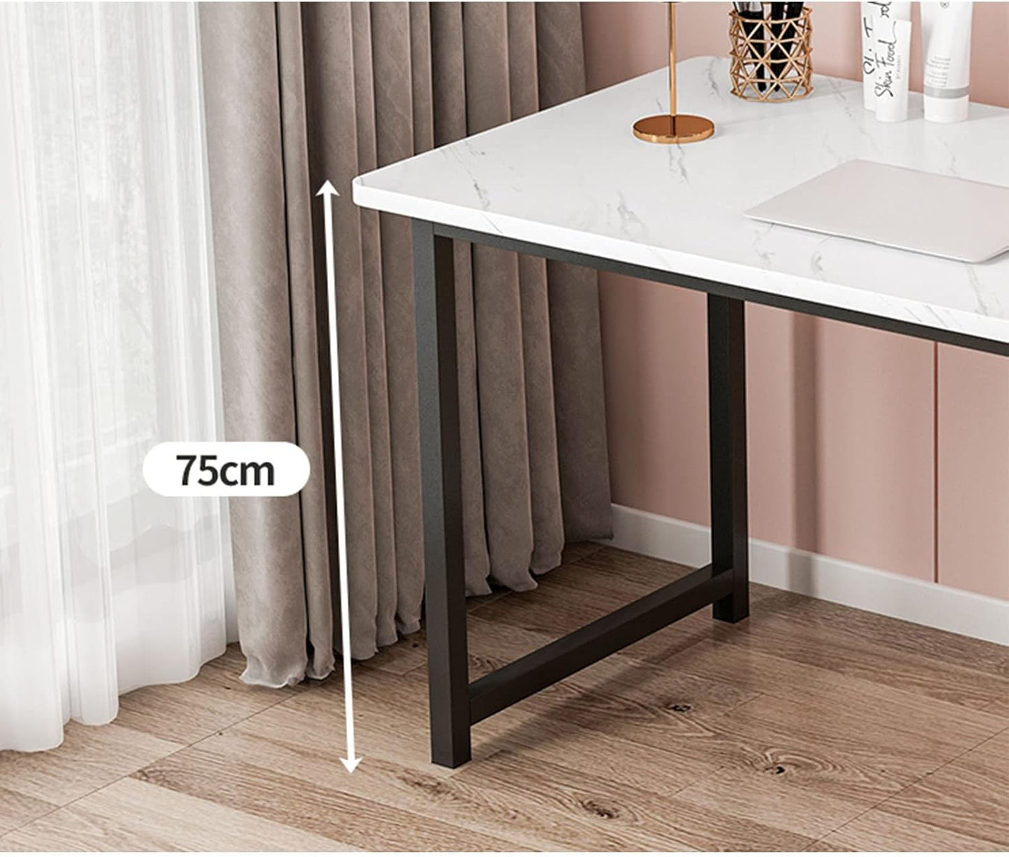 Modern Wooden Computer Desk with Gold Legs – Large Home Office Study Desk, Writing Table, Makeup Vanity, and Console Table