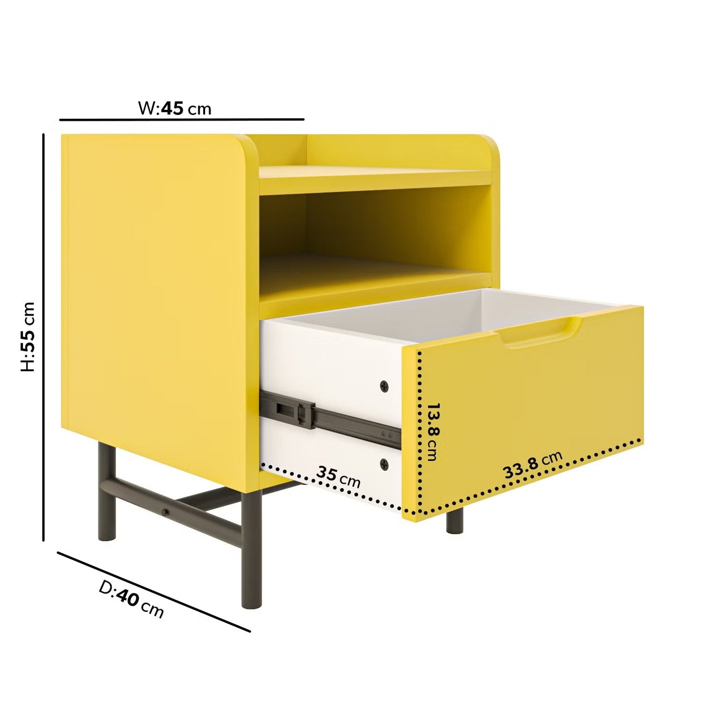 Modern Yellow Nightstand with Storage Drawer | Compact Bedside Table with Open Shelf for Kids' Room or Bedroom