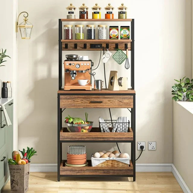 Rustic Industrial Kitchen Baker's Rack | Coffee Bar & Storage Shelf | Microwave Stand with Hooks and Drawer for Kitchen Organization