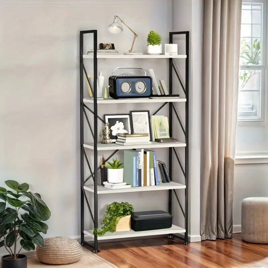 5 tier wooden Bookshelf | Open shelf | Industrial Storage Rack for organizing books, family photos, potted plants, Modern Display Rack Standing Book Shelves for Bedroom, for Living Room, Kitchen