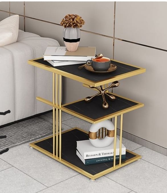 Modern Z-Shaped Gold Side Table with UV Printed MDF Wood Shelves | Stylish Accent Table for Living Room or Bedroom|  side table for living room, coffee table, snack table, bedside table, storage shelf