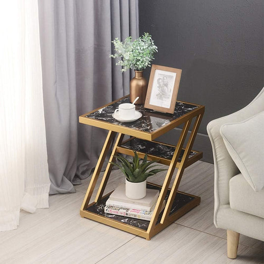 Modern Z-Shaped Gold Side Table with UV Printed MDF Wood Shelves | Stylish Accent Table for Living Room or Bedroom|  side table for living room, coffee table, snack table, bedside table, storage shelf