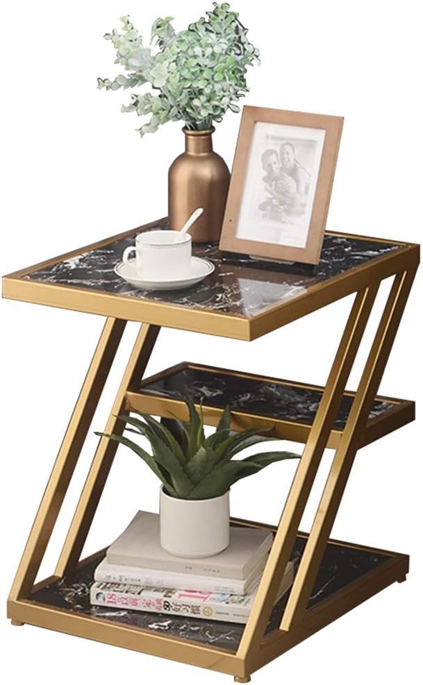 Modern Z-Shaped Gold Side Table with UV Printed MDF Wood Shelves | Stylish Accent Table for Living Room or Bedroom|  side table for living room, coffee table, snack table, bedside table, storage shelf
