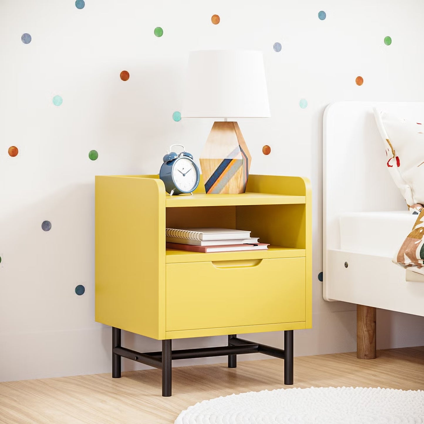 Modern Yellow Nightstand with Storage Drawer | Compact Bedside Table with Open Shelf for Kids' Room or Bedroom
