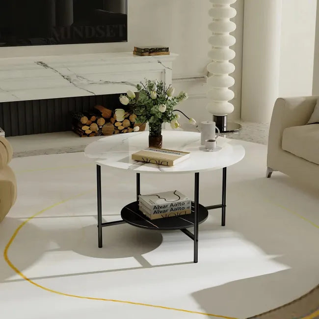 Round Coffee Table, 2-Tier Industrial Sofa Coffee Tables with Storage Shelf for Living Room, White and Black Marble Texture Top with Matt Black Matel Frame