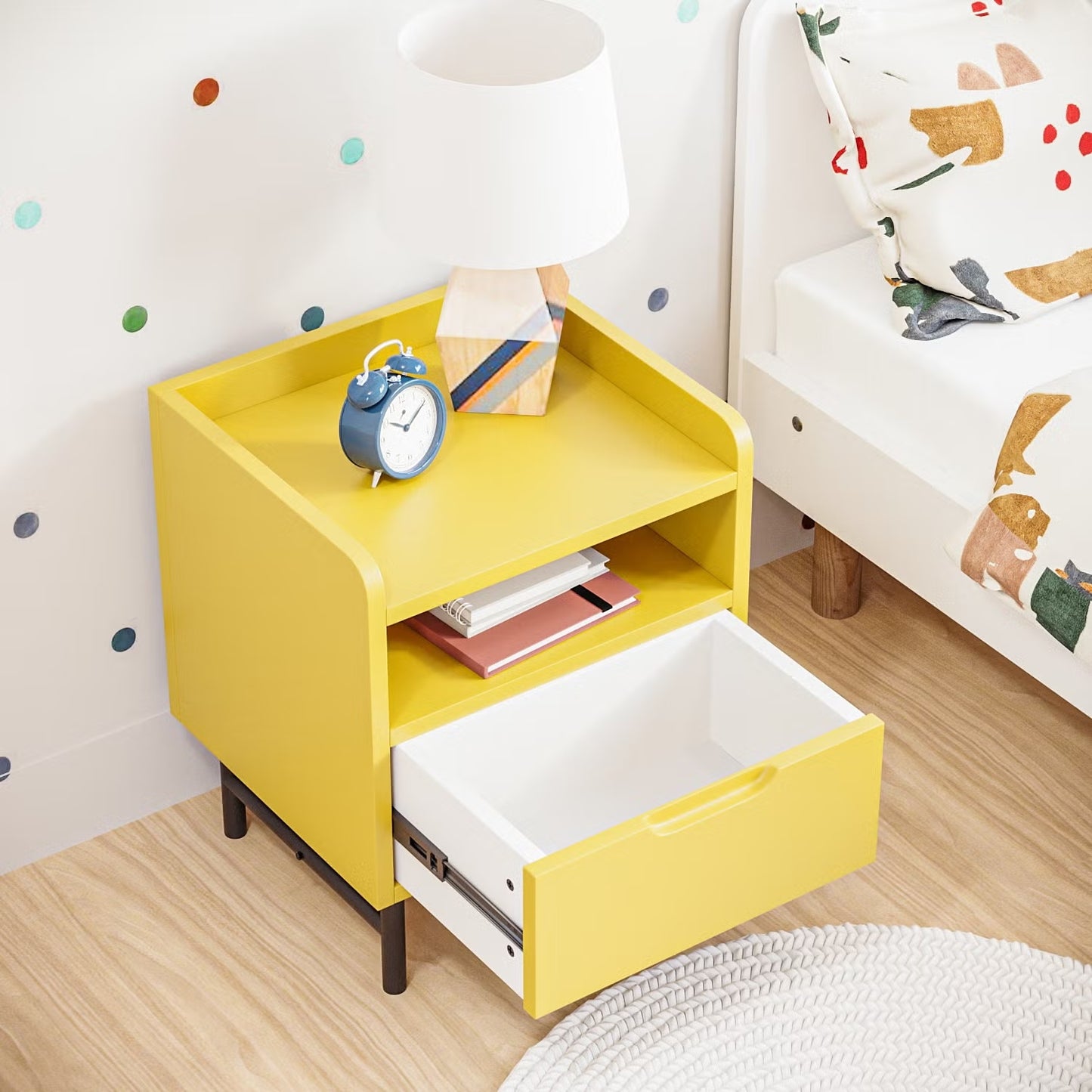 Modern Yellow Nightstand with Storage Drawer | Compact Bedside Table with Open Shelf for Kids' Room or Bedroom