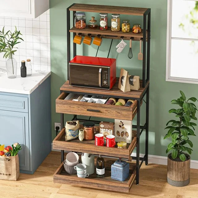 Rustic Industrial Kitchen Baker's Rack | Coffee Bar & Storage Shelf | Microwave Stand with Hooks and Drawer for Kitchen Organization