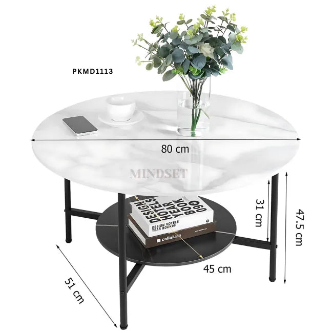 Round Coffee Table, 2-Tier Industrial Sofa Coffee Tables with Storage Shelf for Living Room, White and Black Marble Texture Top with Matt Black Matel Frame