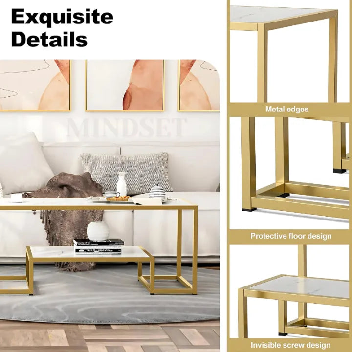 "Mindset Arc" Modern 2-Tier Coffee Table with Golden Metal Frame & Marble Wood Top – Living Room & Guest Room Furniture