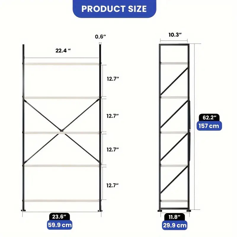 5 tier wooden Bookshelf | Open shelf | Industrial Storage Rack for organizing books, family photos, potted plants, Modern Display Rack Standing Book Shelves for Bedroom, for Living Room, Kitchen