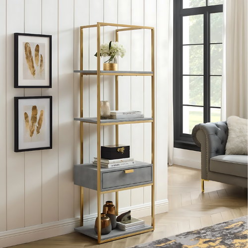 Bookshelf, Industrial Modern and Simlple Multilayer Bookshelf ,1 Drawer, 3 Shelves, Brushed Gold Frame and Handle Bookcase for living room, Book rack, Organizers
