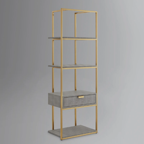 Bookshelf, Industrial Modern and Simlple Multilayer Bookshelf ,1 Drawer, 3 Shelves, Brushed Gold Frame and Handle Bookcase for living room, Book rack, Organizers