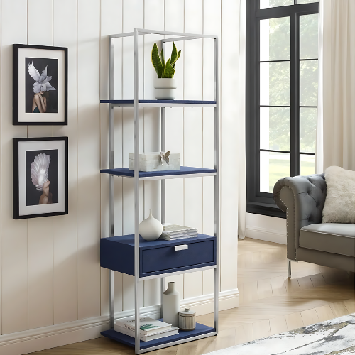 Bookshelf, Industrial Modern and Simlple Multilayer Bookshelf ,1 Drawer, 3 Shelves, Brushed Gold Frame and Handle Bookcase for living room, Book rack, Organizers