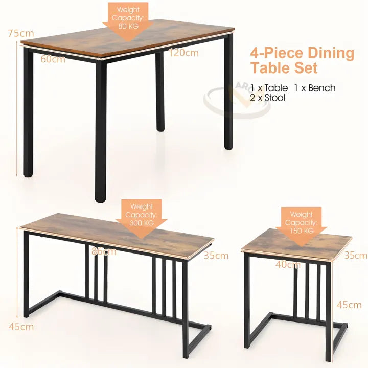 4 Piece Kitchen Dinging Table Set, Wooden Table with 2 Stools and Bench, Dining Set, Kitchen Table Set with Iron Frame, Space-Saving Table Set