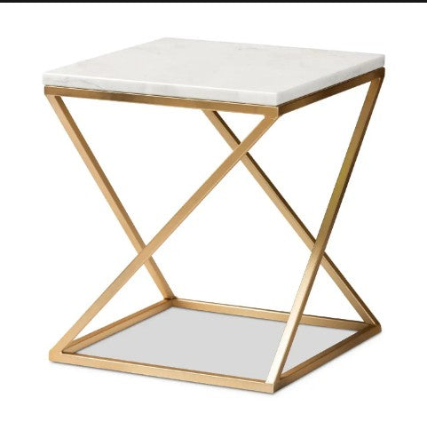 Modern Hexagonal Coffee Table, White Marble Top Side Table, Hexagonal White & Gold Side Table, Luxurious Gold Accent Living Room Table