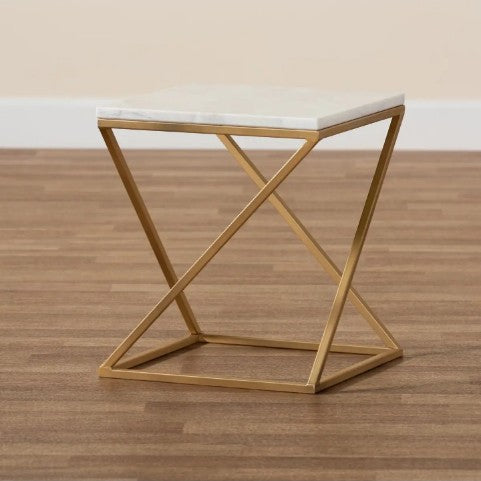 Modern Hexagonal Coffee Table, White Marble Top Side Table, Hexagonal White & Gold Side Table, Luxurious Gold Accent Living Room Table