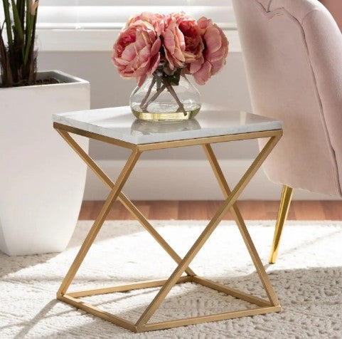 Modern Hexagonal Coffee Table, White Marble Top Side Table, Hexagonal White & Gold Side Table, Luxurious Gold Accent Living Room Table