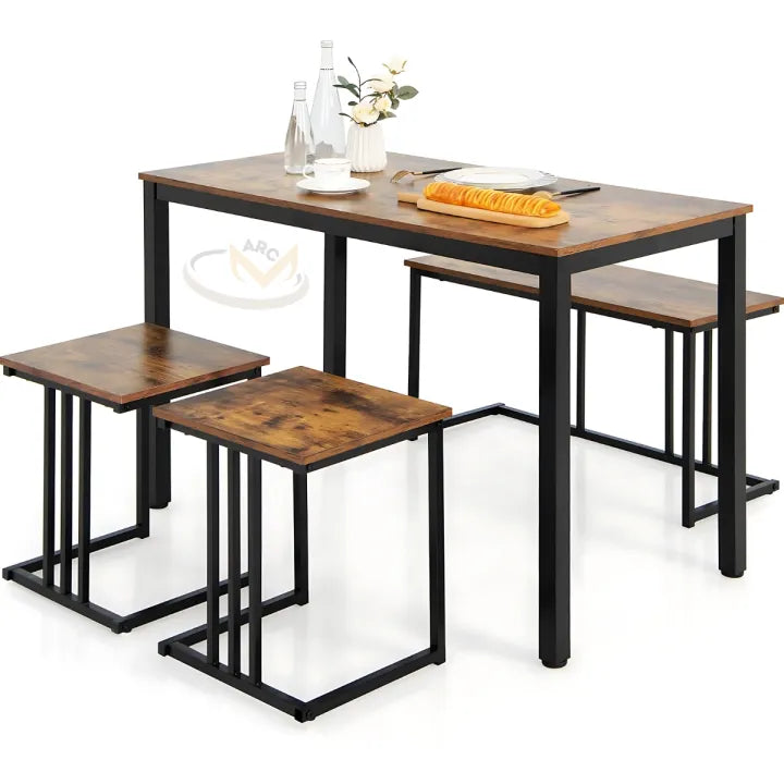 4 Piece Kitchen Dinging Table Set, Wooden Table with 2 Stools and Bench, Dining Set, Kitchen Table Set with Iron Frame, Space-Saving Table Set