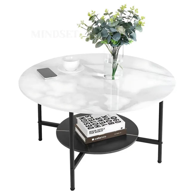 Round Coffee Table, 2-Tier Industrial Sofa Coffee Tables with Storage Shelf for Living Room, White and Black Marble Texture Top with Matt Black Matel Frame