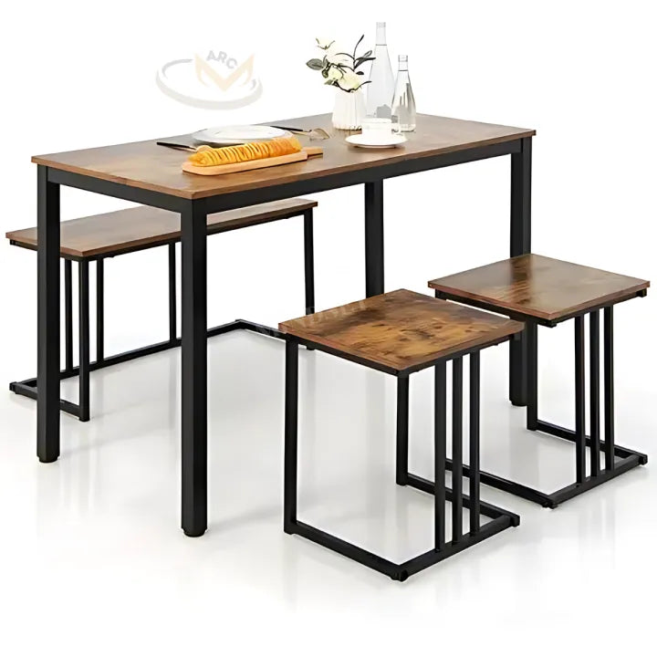 4 Piece Kitchen Dinging Table Set, Wooden Table with 2 Stools and Bench, Dining Set, Kitchen Table Set with Iron Frame, Space-Saving Table Set