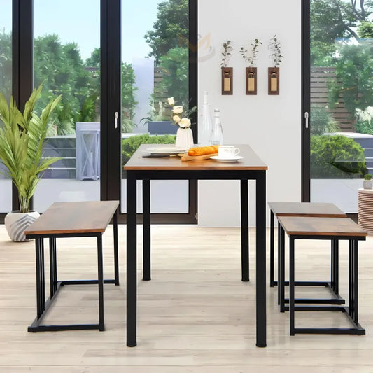 4 Piece Kitchen Dinging Table Set, Wooden Table with 2 Stools and Bench, Dining Set, Kitchen Table Set with Iron Frame, Space-Saving Table Set