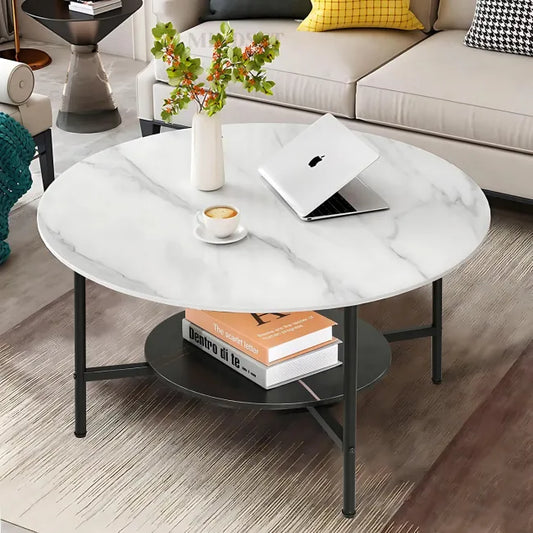 Round Coffee Table, 2-Tier Industrial Sofa Coffee Tables with Storage Shelf for Living Room, White and Black Marble Texture Top with Matt Black Matel Frame