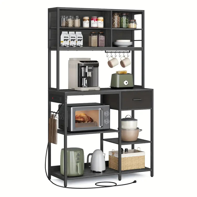 Bakers Rack With Charging Station, Coffee Bar Stand With Adjustable Storage Shelves, Fabric Drawer, Microven Racks, Kitchen racks