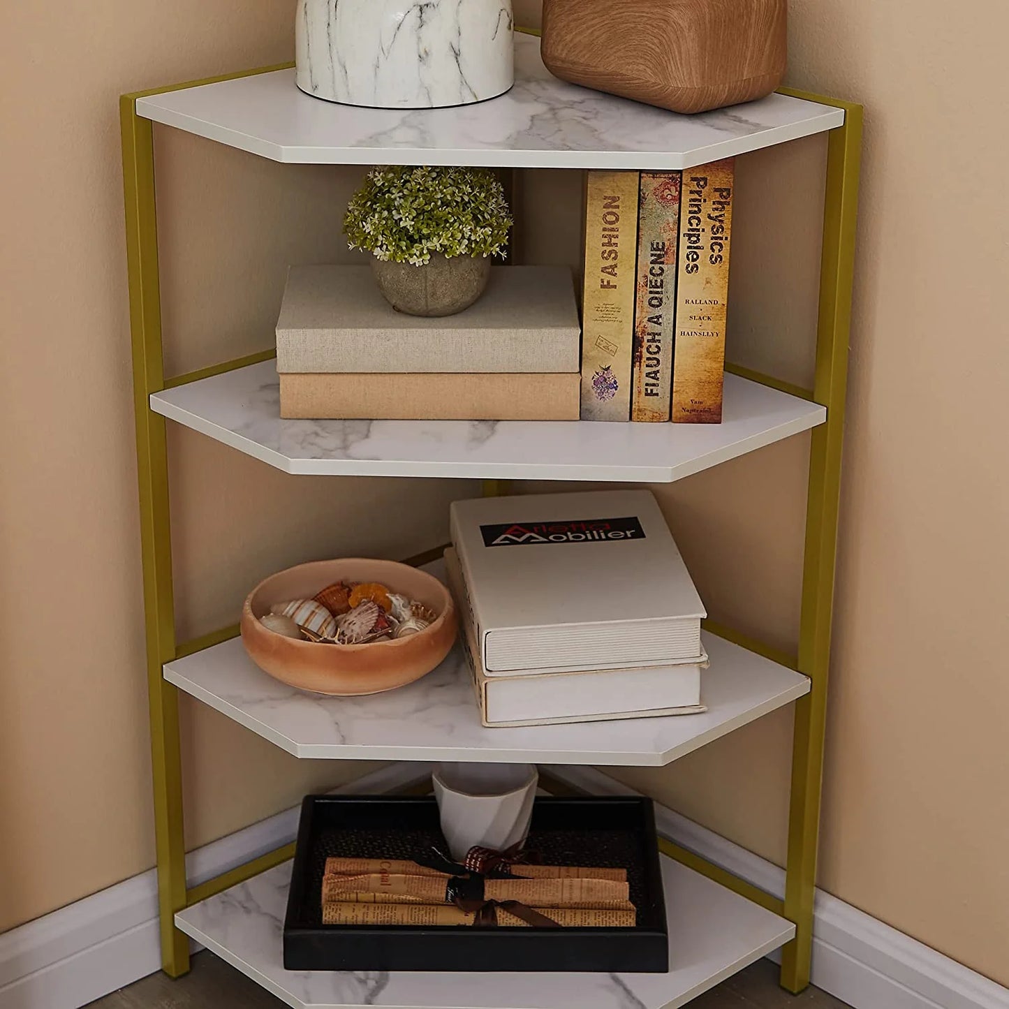 Mindset- Corner Bookshelf Organizer Rack - Stylish Fan-shaped Space-Saving Storage for Books and Decor