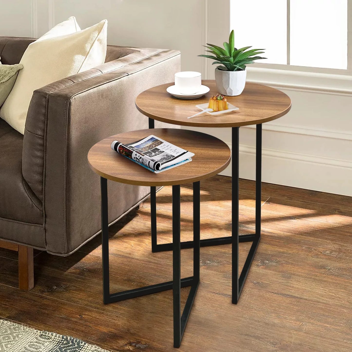 2 pieces round Nesting Table, Wooden Top Coffee Table Side Table console table, end table for room, home, office