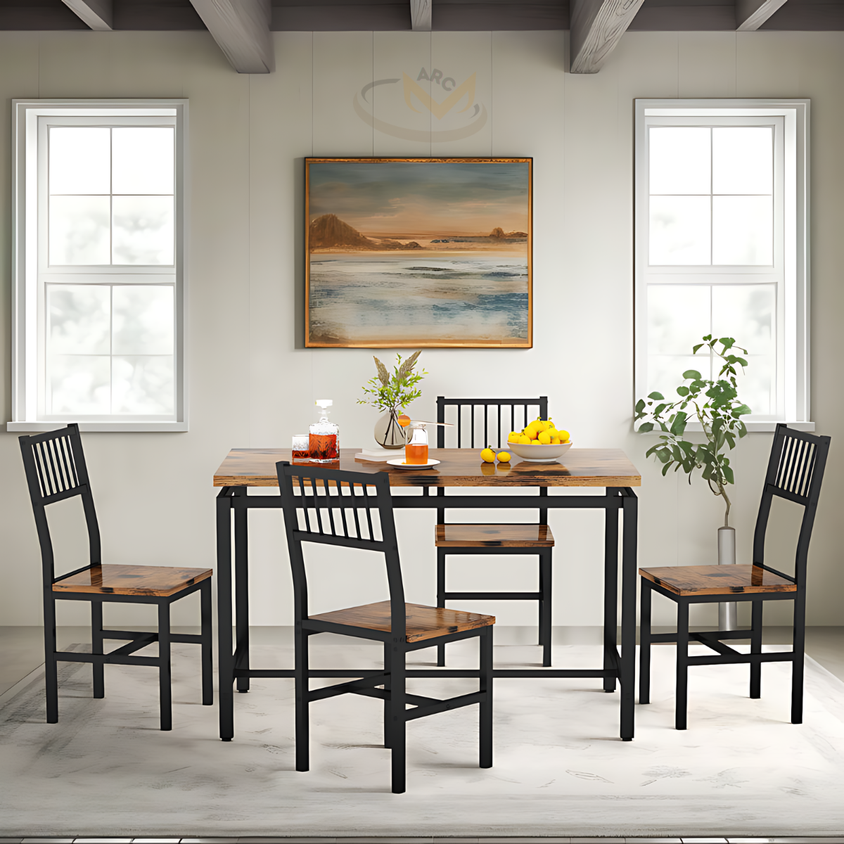 Dining Table and Chairs, 4 & 6 Piece Industrial Dining Table, Wooden Metal Frame, Dining Room, Modern Dining Table, Restaurant Home Luxury Dining Table Set, Kitchen Breakfast Table